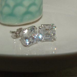 Solid 14k White Gold Asscher Cut Stud Earrings